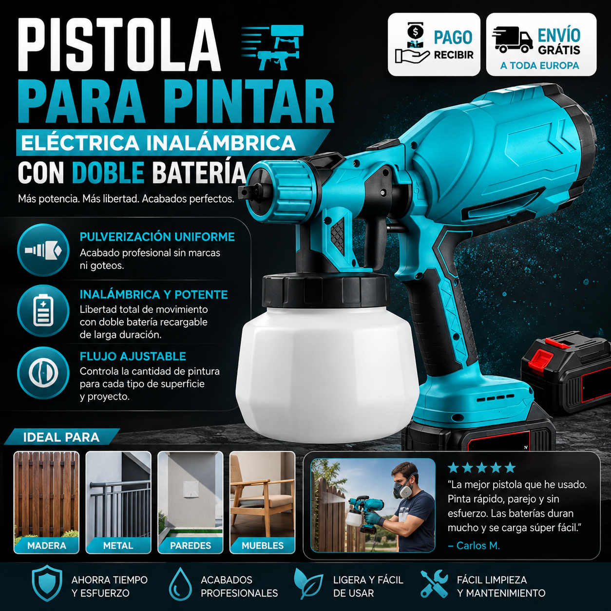 🎨 PISTOLA ELÉCTRICA INALÁMBRICA PARA PINTAR CON DOBLE BATERÍA 🔋