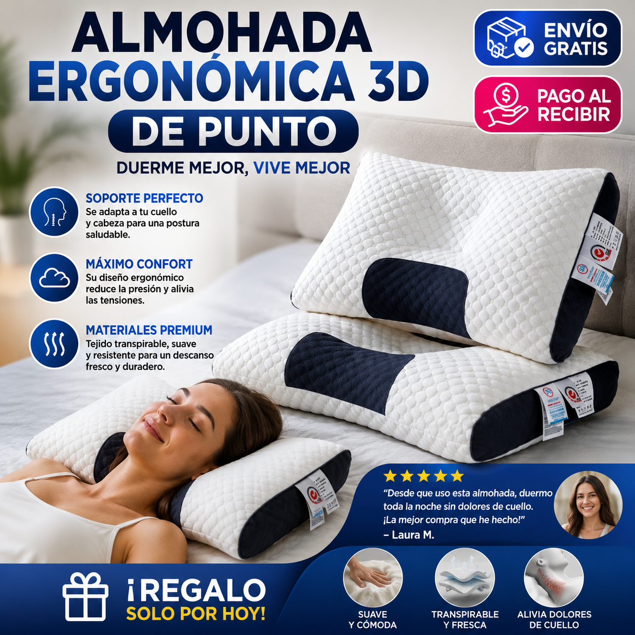 🛏️ ¡ALMOHADA ERGONÓMICA 3D DE PUNTO! 💆‍♀️ + ENVÍO GRATIS! 🎁 ¡REGALO SOLO POR HOY! 🔥