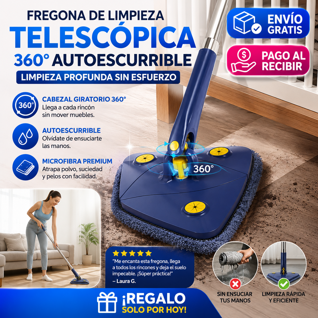 ✨ ¡FREGONA DE LIMPIEZA 360° AUTOESCURRIBLE! 🧽 + ENVÍO GRATIS! 🎁 ¡REGALO SOLO POR HOY! 🔥