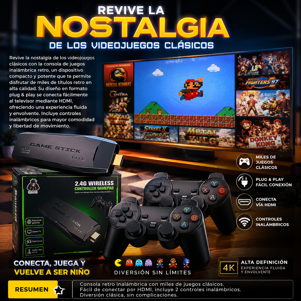 CONSOLA RETRO STICK 64GB — ¡DIVERSIÓN SIN LÍMITES!