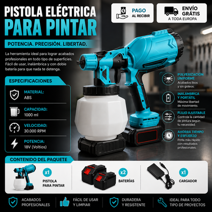 🎨 PISTOLA ELÉCTRICA INALÁMBRICA PARA PINTAR CON DOBLE BATERÍA 🔋